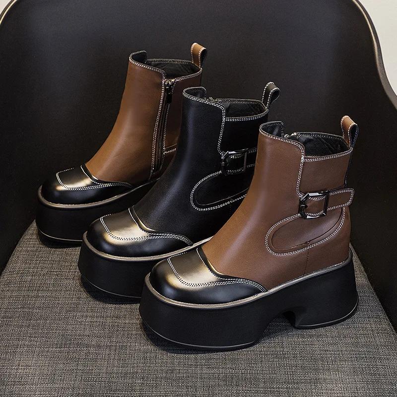 Модные женские ботильоны на толстом каблуке 11 см, осень и зима, увеличивающие рост, на толстой подошве, новые кожаные ботильоны 2024 года для женщин невысокого роста