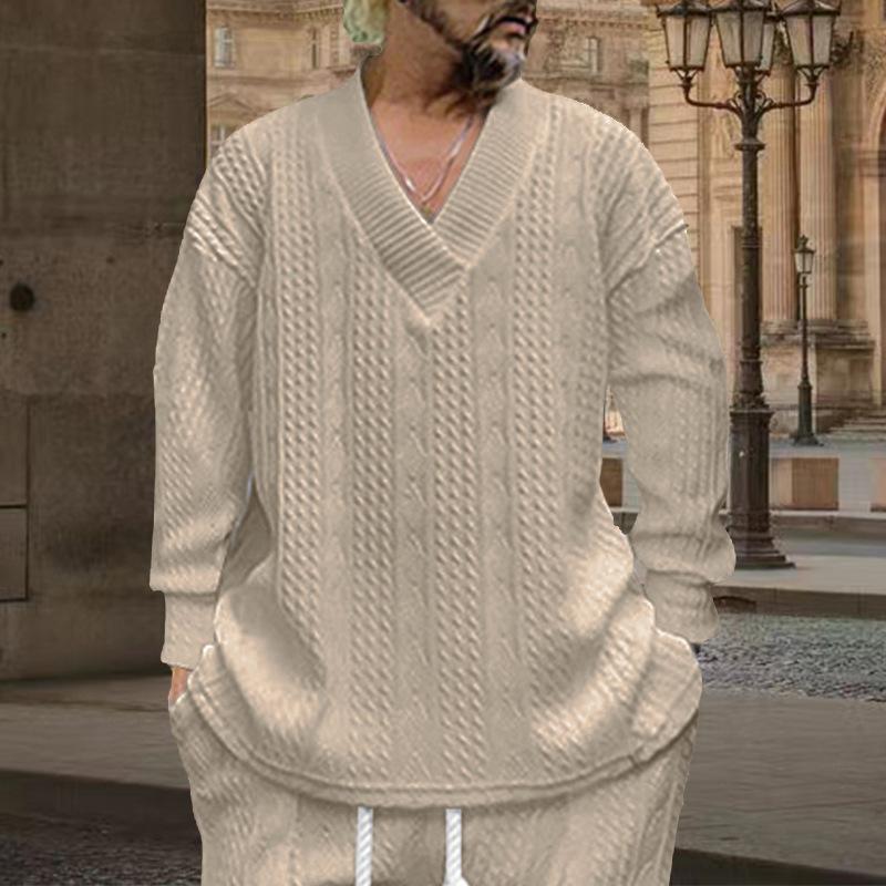 Осень-зима Cross Border Повседневный жаккардовый трикотаж Мужская весенне-осенняя свободная футболка с длинным рукавом Мужские пуловеры с V-образным вырезом Топы