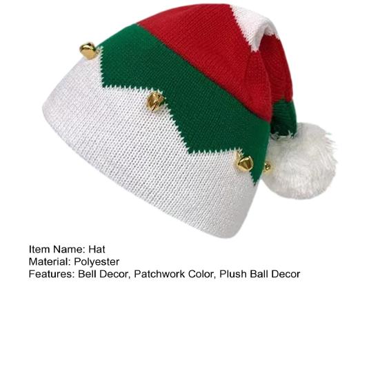 Christmas Hat with Bells Plush Ball Decor Red Green Patchwork Color Breathable Santa Claus Hat Daily Party Wear
