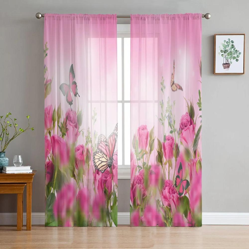 Flowers Butterfly Rose Tulle Translucent Drapes for Living Room Decoration Window Curtain ideal for Bedroom Kitchen Area Voile Organza Curtains