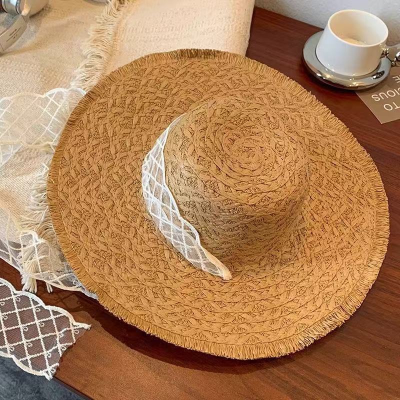 New bow lace straw hat women's summer seaside beach vacation sun hat large brim sun protection hat