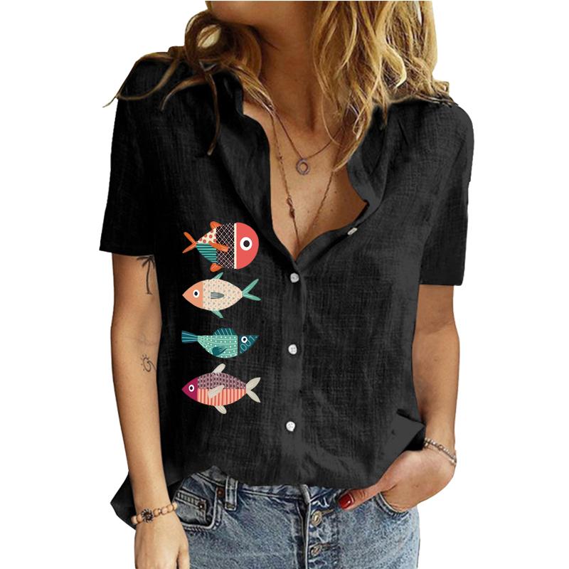 Женская модная футболка-кардиган с лацканами и воротником на весну и осень, хлопковый льняной топ, повседневные блузки с короткими рукавами и принтом