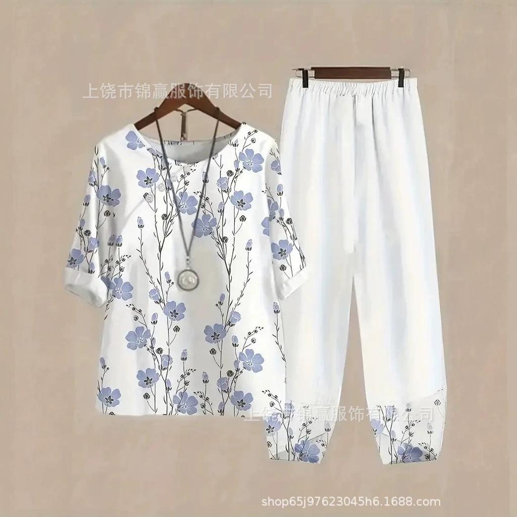 Женская одежда весенне-летнего сезона в национальном стиле с принтом бамбуковых листьев, дышащий топ с круглым вырезом и короткими рукавами, свободные брюки длиной три четверти с эластичным поясом