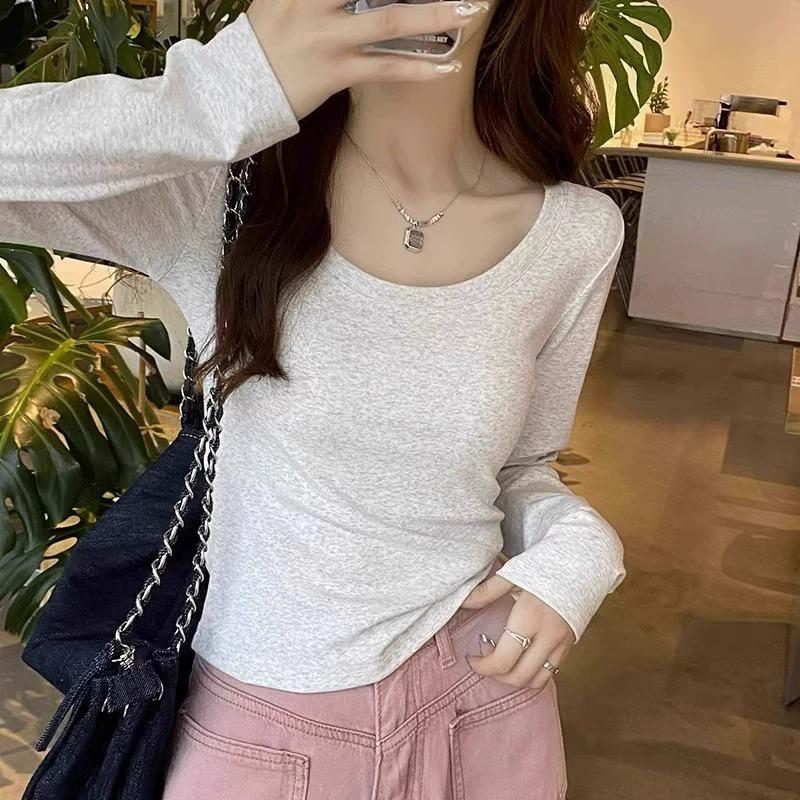 Small Short Sweet and Spicy Style U-neck Slim and Thin Long-sleeved T-shirt Women's Autumn Solid Color Versatile Bottoming Top