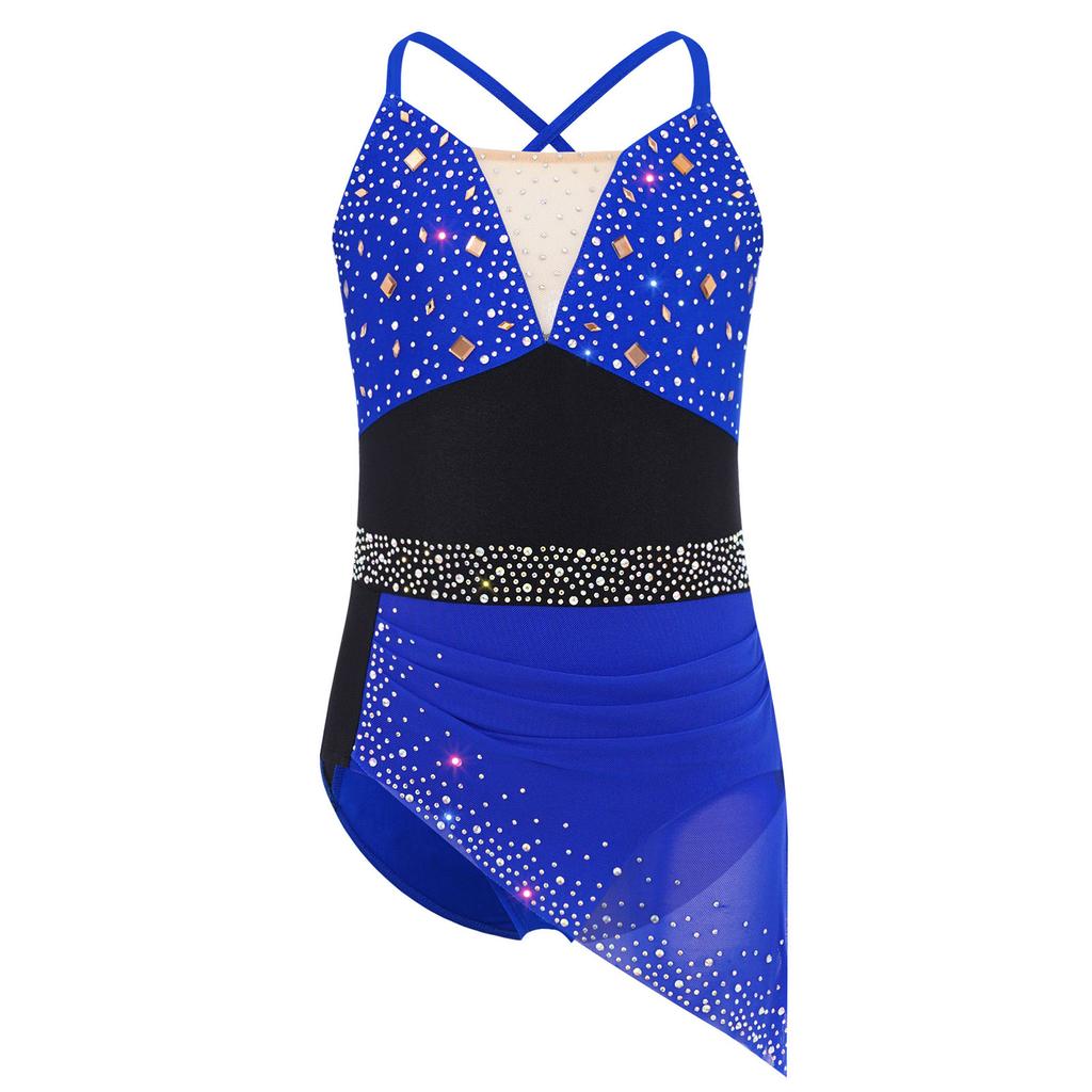 Платье для танцев для девочек с перекрещенными бретелями-спагетти на спине, цветной блок, сверкающие стразы для фигурного катания