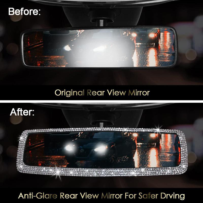 Universal Car Interior HD Rearview Mirror Decor Charm Crystal Bling Diamond Rear View Mirror Ornament Women Auto Accessories