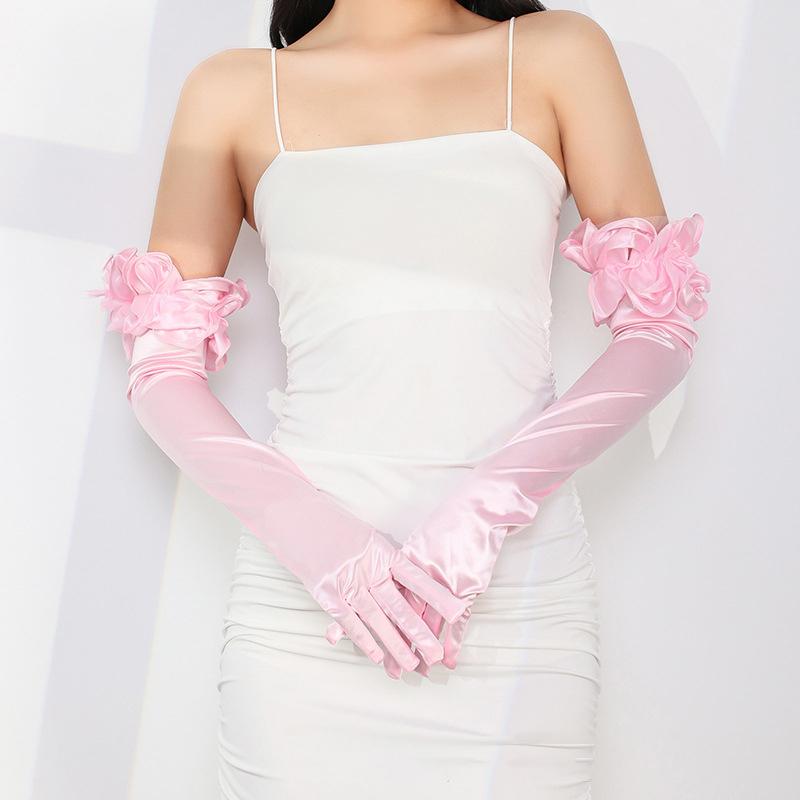 Satin Elastic Long Etiquette Gloves Elegant Pink Fairy Flower Ruffle Bridal Wedding Dress Gloves Ladies Prom Party Accessories