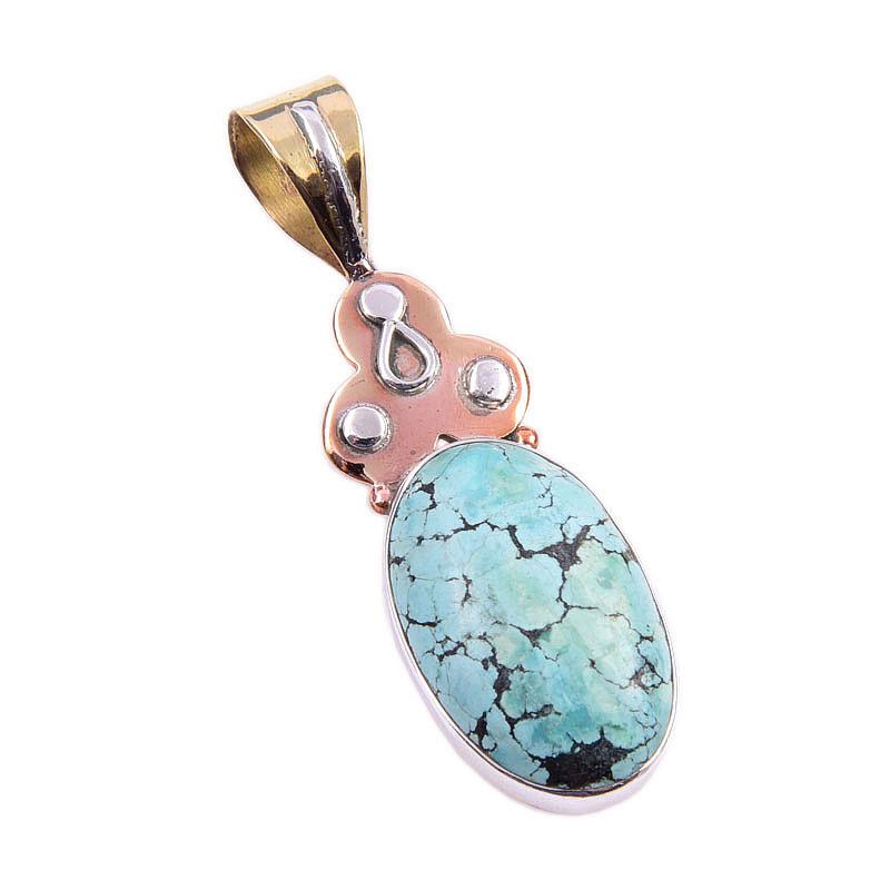 Natural Tibetan Turquoise Gemstone 925 Solid Silver Two Tone Pendant 1.75'' J3r02