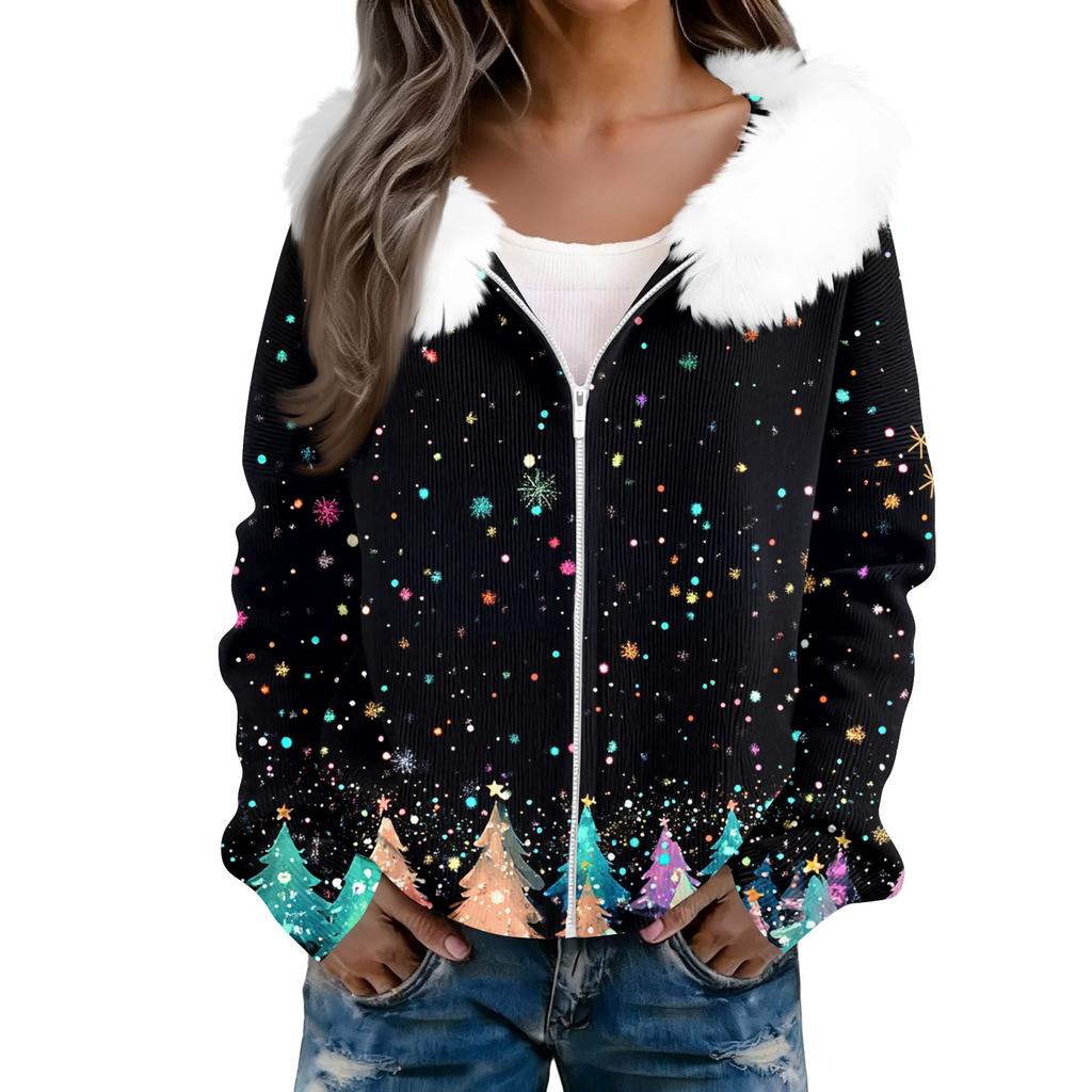 Women's Fashion Casual Sweater Zipper Print Cardigan Plush Hooded Jacket