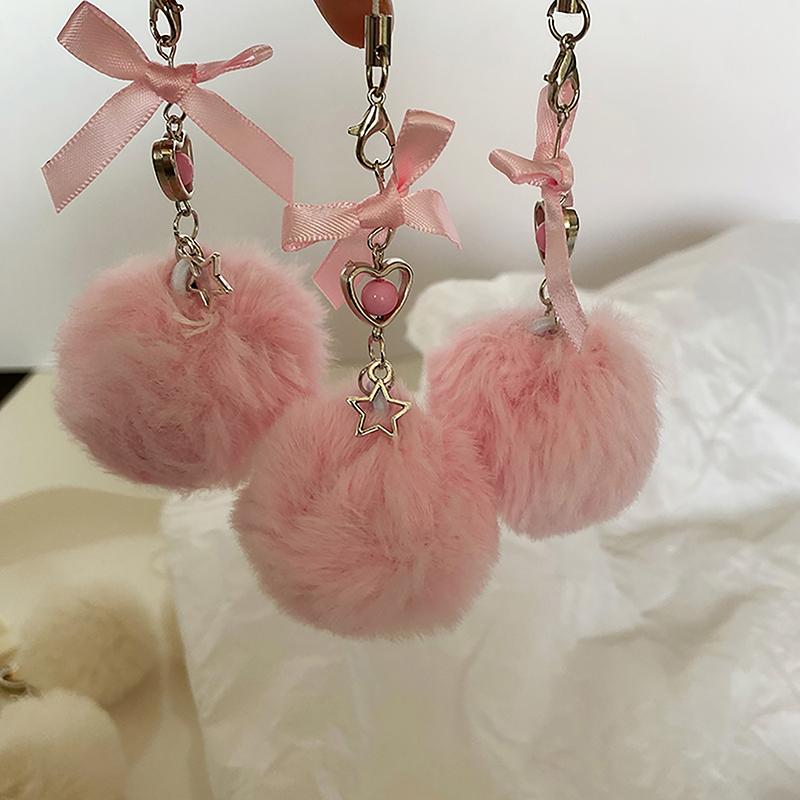 Fashionable Fur Ball Mobile Phone Chain With Bow, Cute And Sweet Pendant Keychain