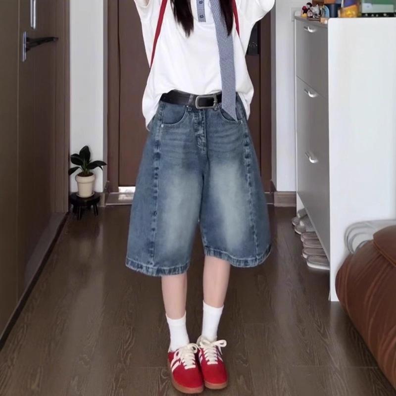 Женские джинсовые шорты больших размеров с высокой посадкой в стиле ретро, свободного кроя, средней длины, слим-фит, прямого кроя, летний стиль.