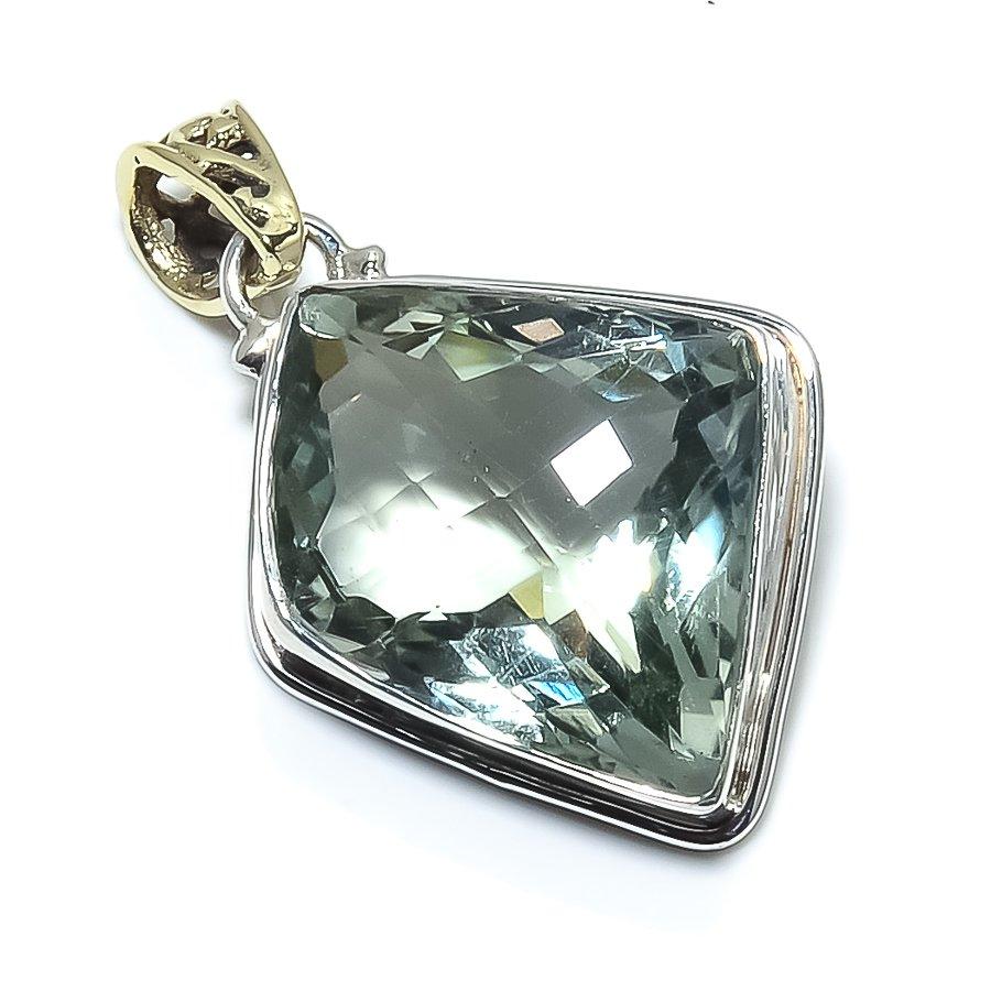 Natural Green Amethyst Gemstone 925 Solid Sterling Silver Pendant 1.58" U8K33