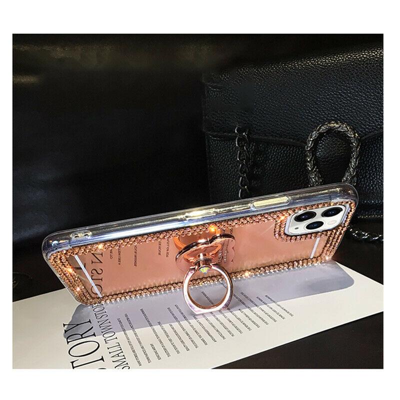 Diamond Glitter Case Makeup Mirror with Ring Kickstand For IPhone 13 Pro Max 12 11 Pro Max XR Samsung S21 S21 Pus S21 Ultra S20 FE A52 A72 A51 A71
