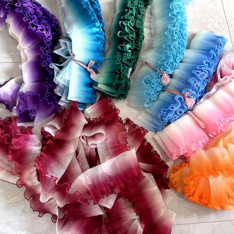 1PC Organza Lace Wedding Fashion Gradient Color Large Wavy Pleated Ruffles Dress Sewing