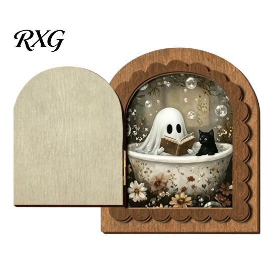 Decorative Halloween Fireplace Accent Cute Ghost Door Ornaments, Vintage Miniature Decoration, Retro Arched Tabletop Decor 3 Layer Openable
