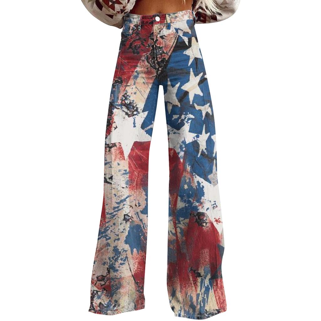 Широкие расклешенные джинсы для женщин с карманами, мешковатые брюки с винтажным цветочным принтом и высокой талией, свободные брюки