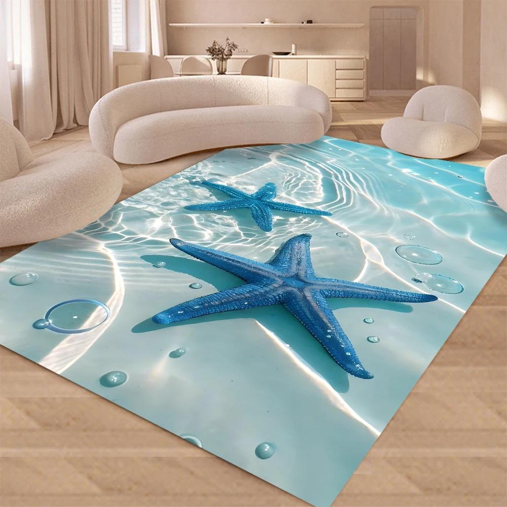 3D Beach Starfish Seashell Area Rug, Summer Ocean Wave Non-Slip Floor Carpet for Living Room, Bedroom Coastal Decor