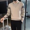 Мужской облегающий трикотажный свитер с воротником поло, имитирующий двухслойность, осенне-зимняя модная контрастная геометрическая кофта