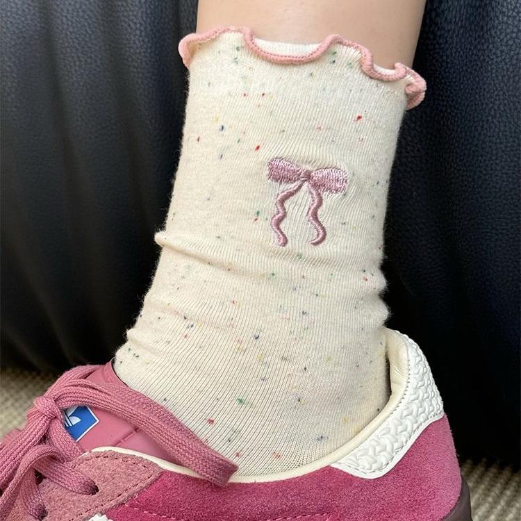 Socks Autumn Ideas Yarn Embroidery Bow Versatile Medium Tube Socks Wooden Edge Loose Stacking Socks
