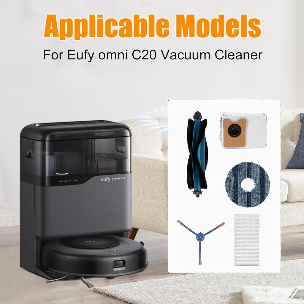 20 шт. Наборы для замены для пылесоса Eufy Omni C20, 1 основная щетка, 4 HEPA-фильтра, 6 боковых щеток, 4 накладки для швабры, 3 пылесборника, 1 чистящий инструмент