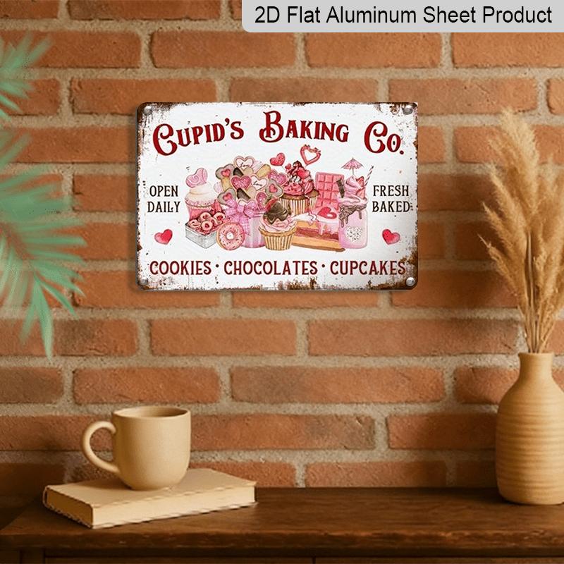 2D Flat Cupid'S Baking Co. Aluminium Wall Art - Vintage Decorative Sign for Home, Kitchen, or Restaurant, 8x12 Inches, Rustic Metal Sign with Heart