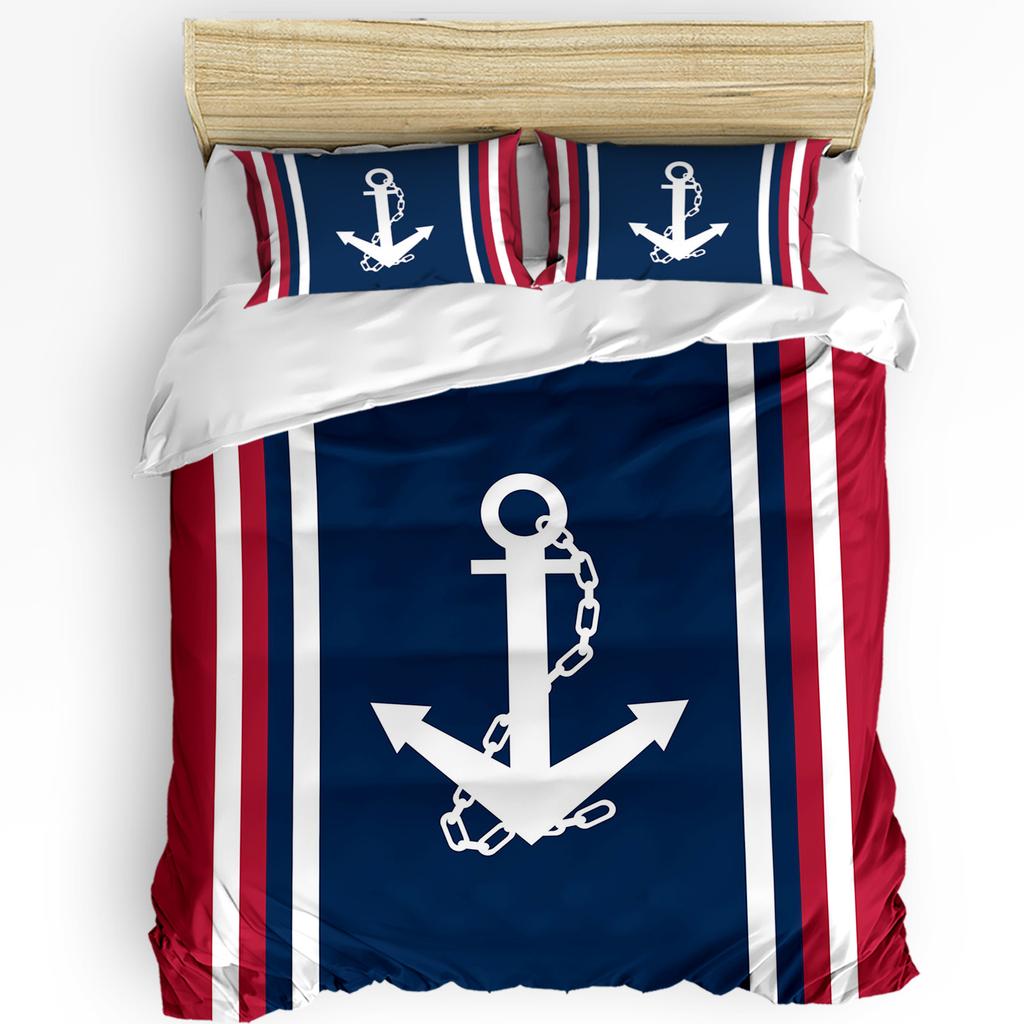 Вертикальная сине-красная полоса Белый якорь Пододеяльник с наволочкой На заказ 3 предмета Комплект постельного белья Покрывало Двуспальная кровать Домашний текстиль