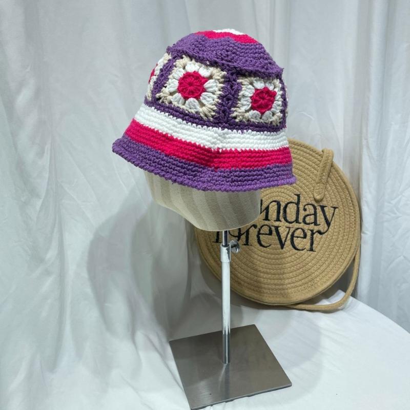 Sweet Girl Crochet Bucket Hat Cute Ladies Fisherman Cap with Flower Pattern Woman Teenagers Casual Summer Sunproof Hat