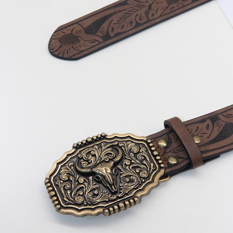 Пояс с тиснением и регулируемым ремнем для повседневного использования и активного отдыха с металлическими пряжками в виде головы быка для мужчин и женщин