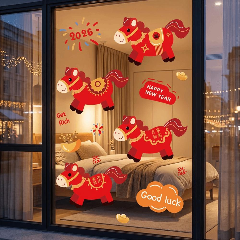 Red New Year Window Stickers Large Size Waterproof Glass Electrostatic Film Transparent Funny 2026 Horse Year Stickers