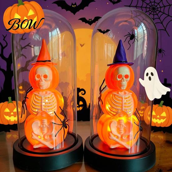 Halloween Souvenir Decor Pumpkin Skeleton Cloche Lamp, Lighted Stacking Skull in Clear Atmosphere Night Light Dome with Witch Hat for Tabletop Mantel,