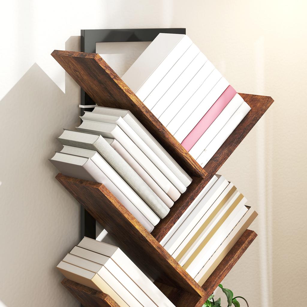 Bookshelf Standing Shelf with 7 Tiers Narrow Tree-Shaped Shelf for Office, Rustic Brown