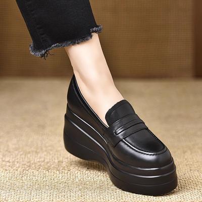 Новые ретро туфли на танкетке из маленькой кожи, с круглым носком, на небольшой платформе, увеличивающей рост, весенняя мода, лоферы на высоком каблуке из мягкой кожи