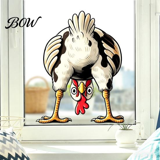 Farmhouse Theme Wall Sticker Funny Chicken Static Window Cling, Upside Down Rooster Glass Sticker, Retro Hand Painted Waterproof Non-adhesive
