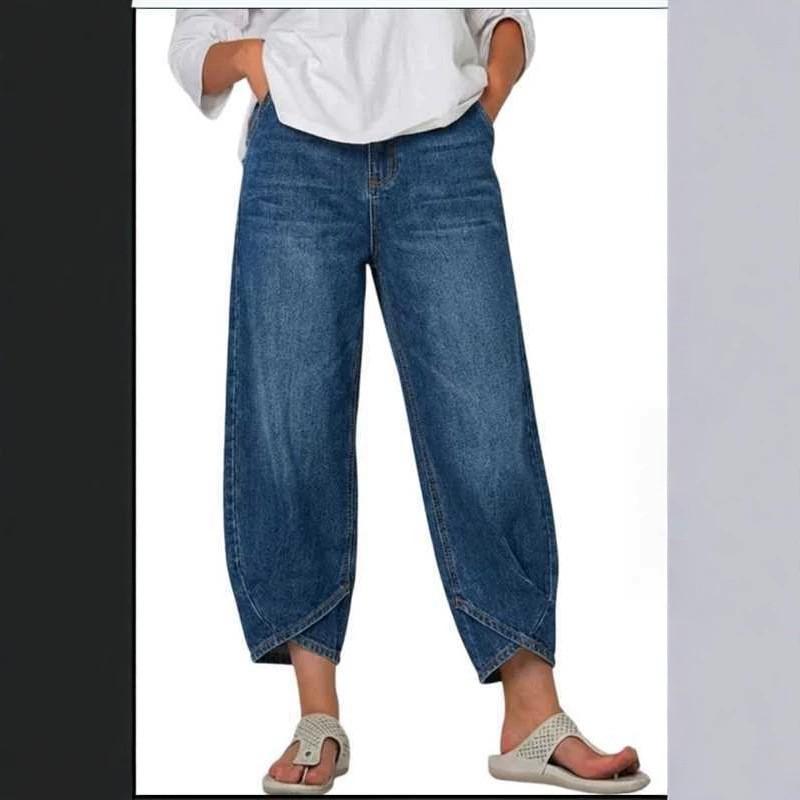 Womens Washed Wide Leg Cropped Denim Jeans Loose Fit Streetwear Casual Pants