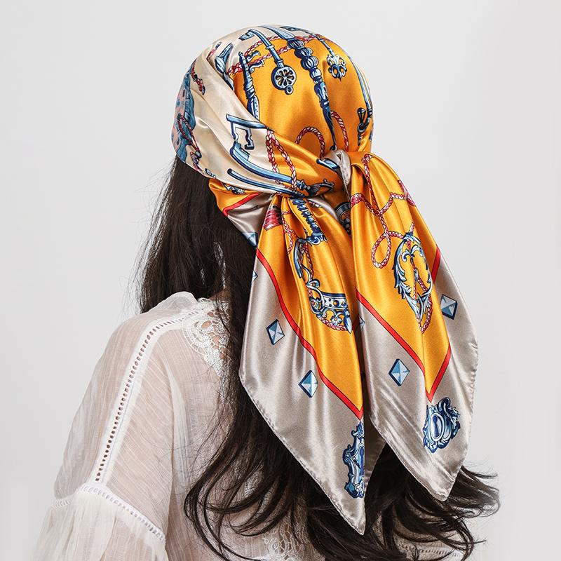 Luxury Brand 90cm Square Silk Scarf Women Shawls Wraps Hijab Scarves Print Kerchief Femme Head Scarf Foulard Bandana Beach Pareo