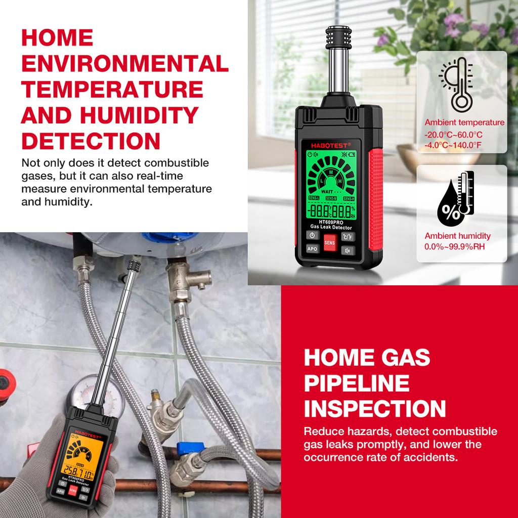 HABOTEST HT609PRO Gas Leak Detector 50-1000PPM Natural Gas Detector with 3-Sensitivity Adjustable