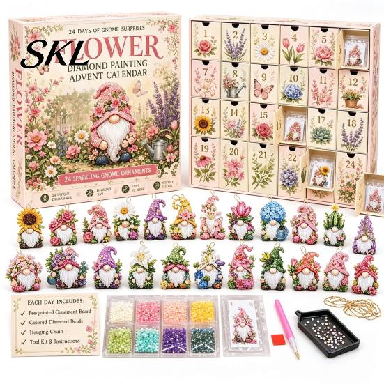 Christmas Eve Countdown Gnome Advent Calendar, 24 Day Box with Faux Diamond Creative Activity Set Painting Craft Accessories, Collectible DIY Toy for