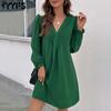 Women's Fashion Spring Fall Solid Color Print Long Sleeve V-Neck Loose Waistline Casual Dresses