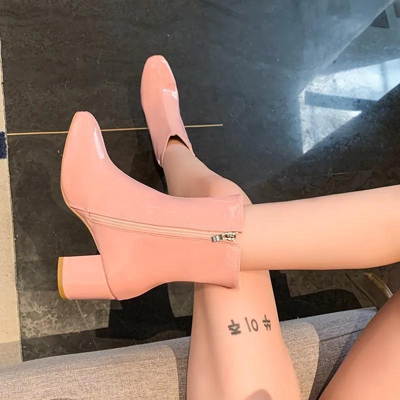 Новые зимние короткие туфли на массивном высоком каблуке, женские модные ботинки на квадратном каблуке, женские ботильоны, однотонные, женские, размер 35-42