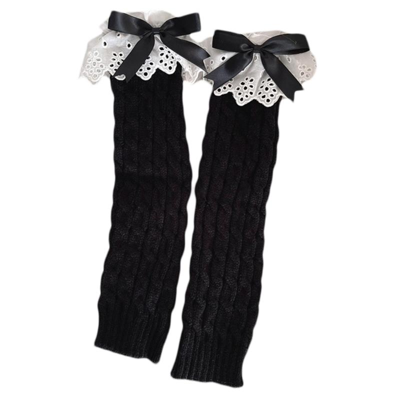 Women Autumn Ruffled Lace Bowknot Leg Warmers Japanese Lolita Twist Cable Knitted Foot Covers Student Stretch Calf Socks