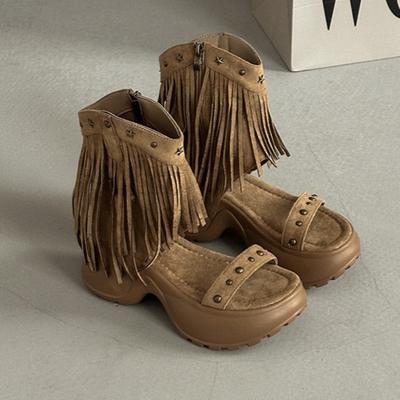 Модные крутые ботинки для женщин с кисточкой, гвоздь-ива, увеличение роста 2025 лето новые римские сандалии модные короткие ботинки Botas Para Mujer