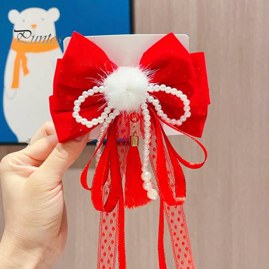 Китайская новогодняя заколка для волос с кружевными стразами, заколка для волос в стиле банта с кисточками, праздничный аксессуар для волос