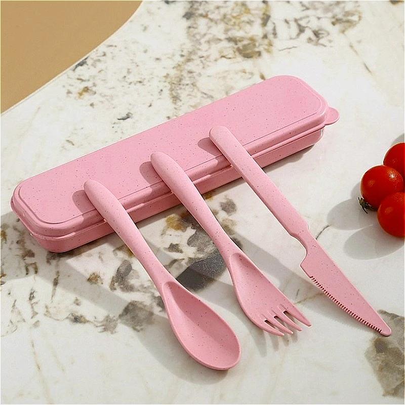 2 шт. Розовый Портативный Набор Посуды из Пшеничной Соломы Набор из Трех Предметов Вилки Ложки Ножи Дорожная Посуда Походные Столовые Приборы