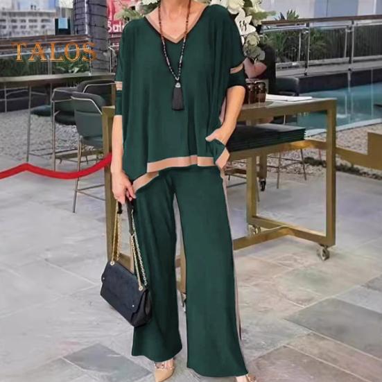 Женский комплект из 2 предметов: топ и брюки, V-образный вырез, рукава три четверти, толстовка с эластичной резинкой на талии, широкие спортивные штаны, спортивный костюм, осенний повседневный спортивный костюм