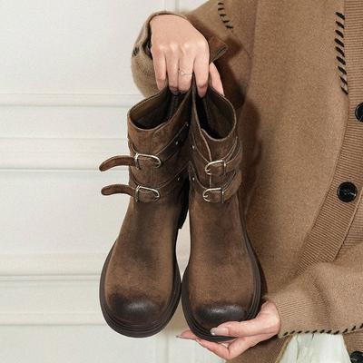 Версия из коровьей кожи~ ретро полированная круглая пряжка ремня ботинки Мартин женские 2025 новые на толстом каблуке ботинки в стиле вестерн короткие ботинки