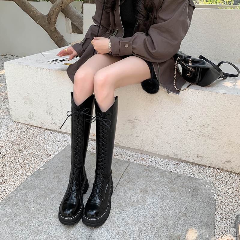 Krazing Pot Осенне-зимняя обувь из натуральной кожи, конные сапоги на среднем каблуке в европейском дизайне, женские теплые сапоги до бедра