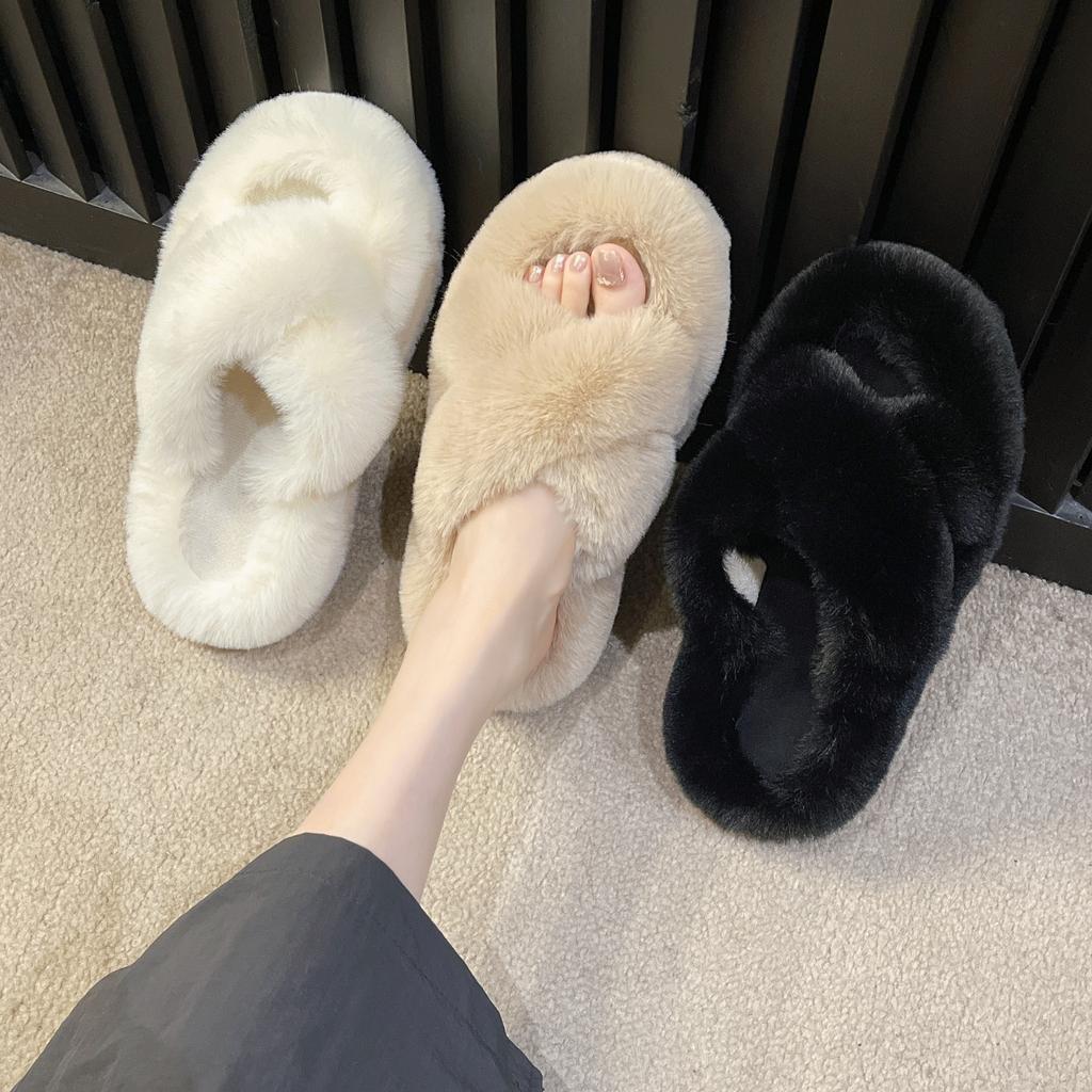 2025 новая мода осень-зима корейская версия тапочек Мао Мао женская одежда толстая подошва крест интернет знаменитости теплые хлопковые тапочки из кроличьей шерсти