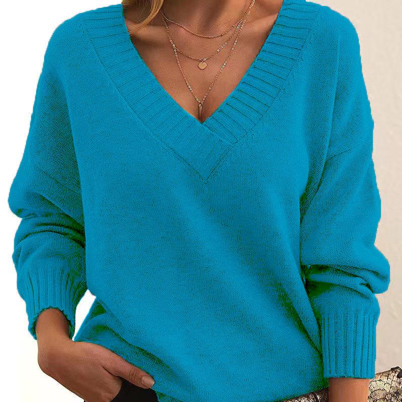 HNXC Женская мода, повседневный однотонный принт, осень-зима, свободные свитера с длинным рукавом и v-образным вырезом