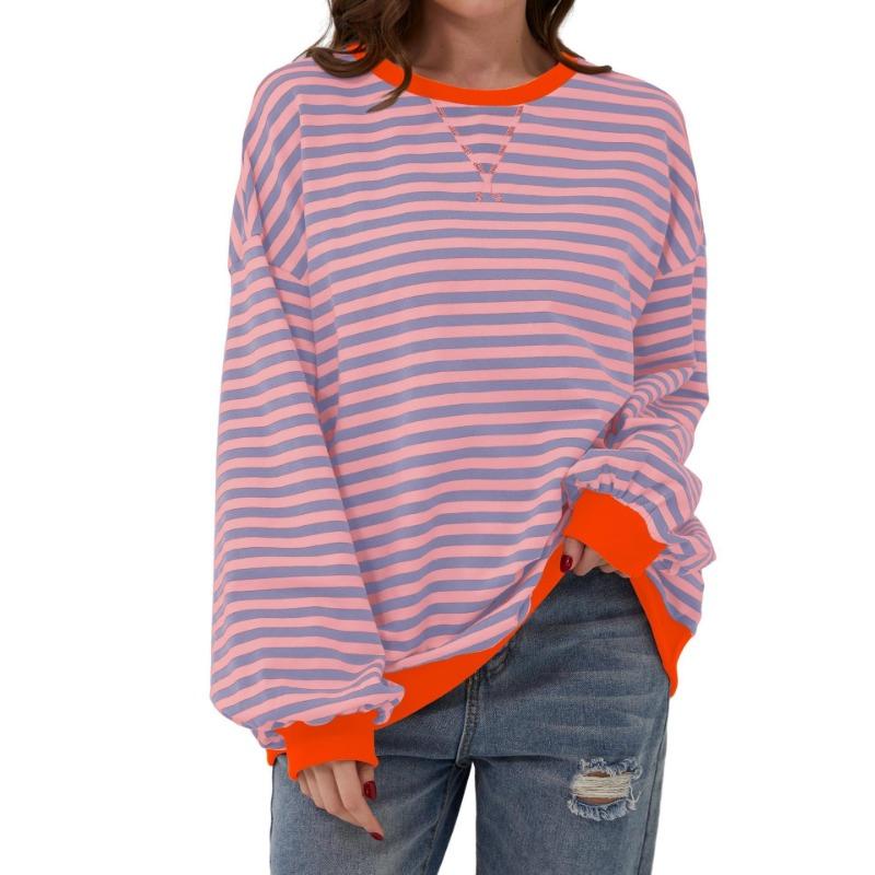 Simple Home Leisure New, Striped Pattern Round Neck Trend Long Sleeve, Pullover Color T-shirt