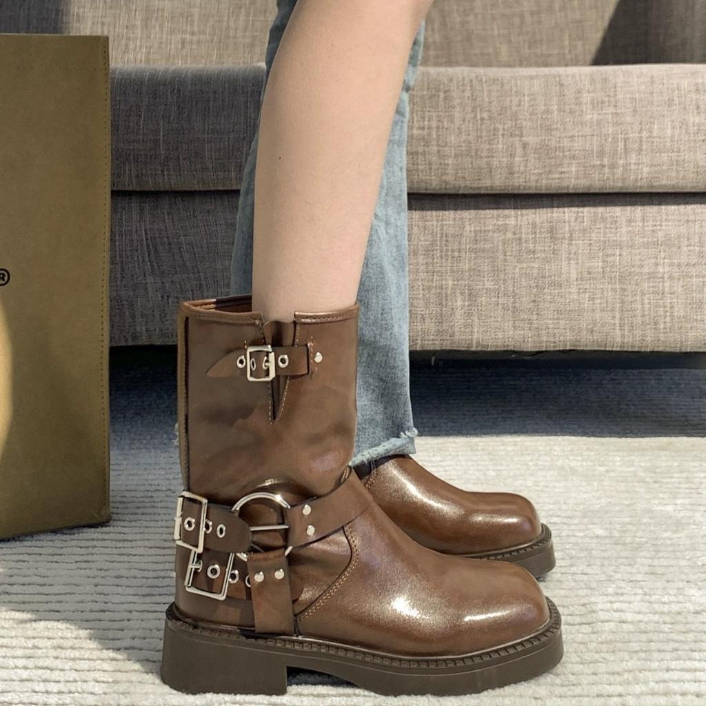 Women's Ankle Boots Autumn Work Fashion Elegant Punk Black Low Heel Round Toe Leather